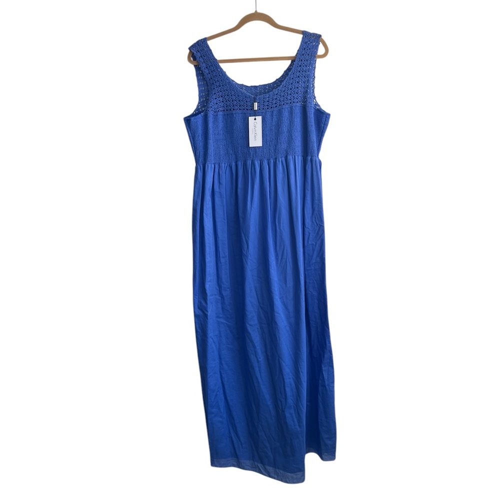 NEW CALVIN KLEIN CrochetTrim Lined MAXI DRESS Blue Size 1X 100% Cotton